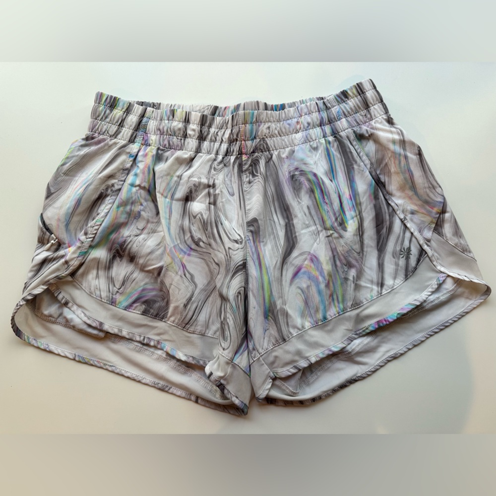 Athleta mesh racer run short. Size S. White, grey, neon swirl.